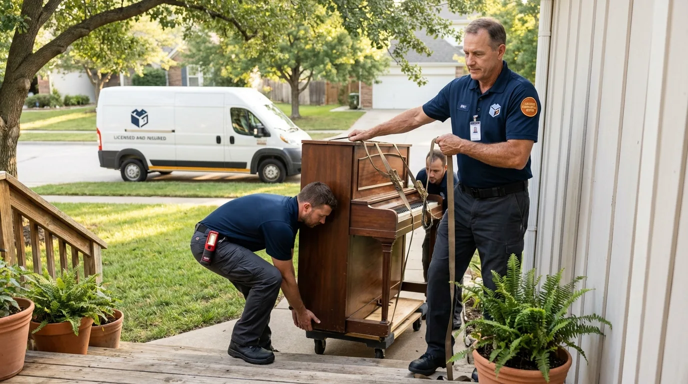 Licensed piano movers securing grand piano in Ridgefield, CT