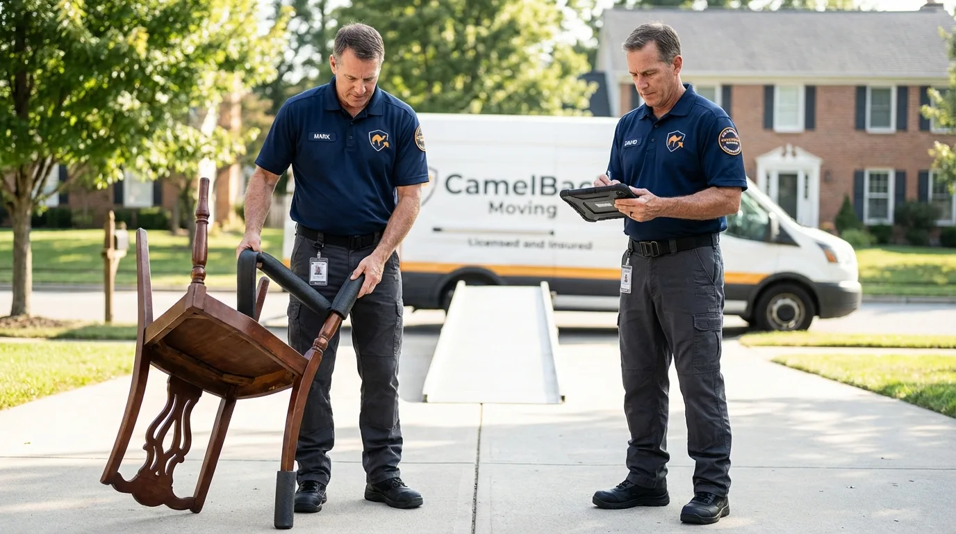 Movers inspecting furniture for damage prevention before loading in Ridgefield, CT