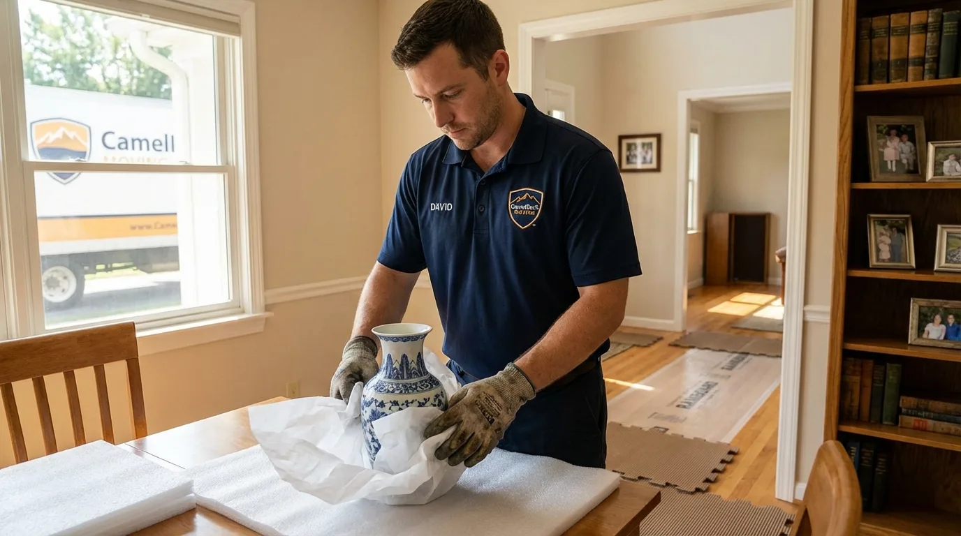 Professional crew carefully wrapping antique vase for senior downsizing move in Ridgefield, CT