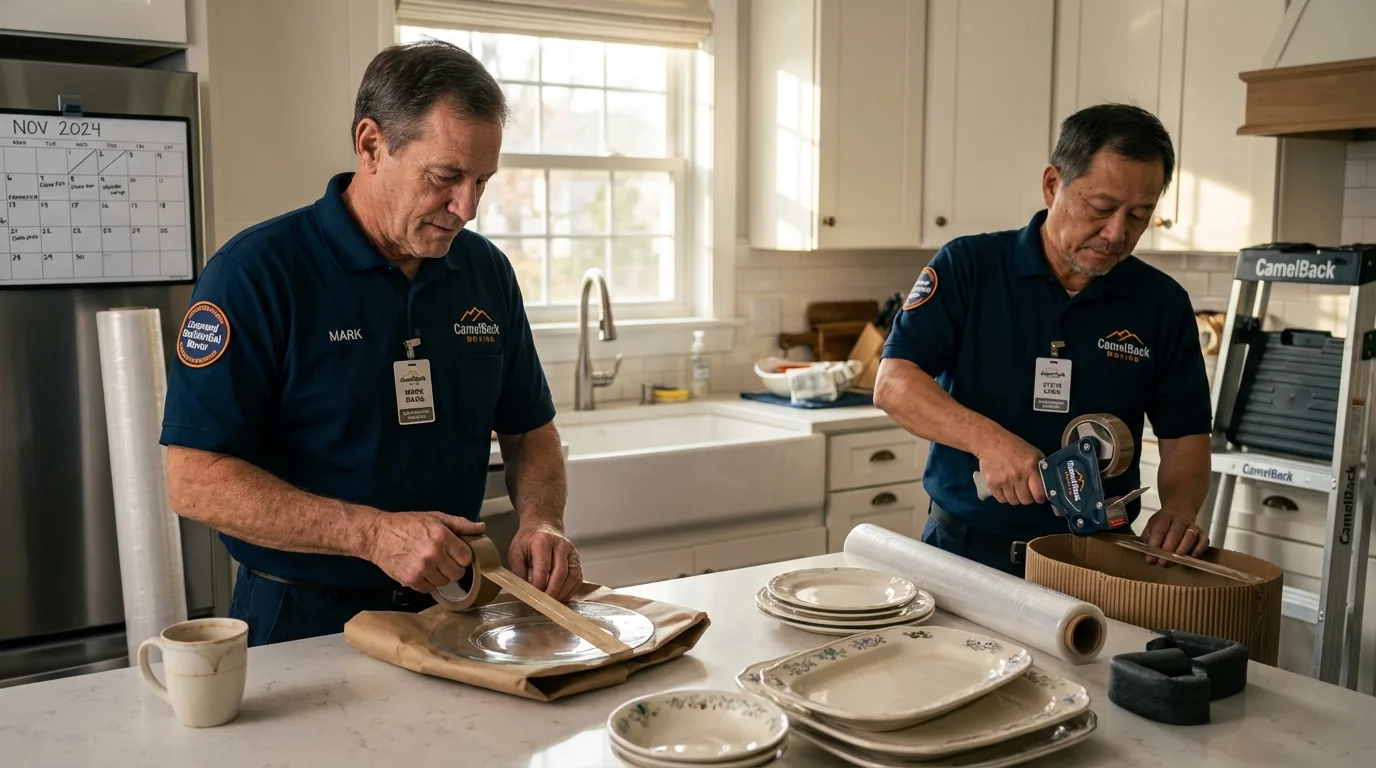 Professional crew packing kitchen dishware in Ridgefield, CT